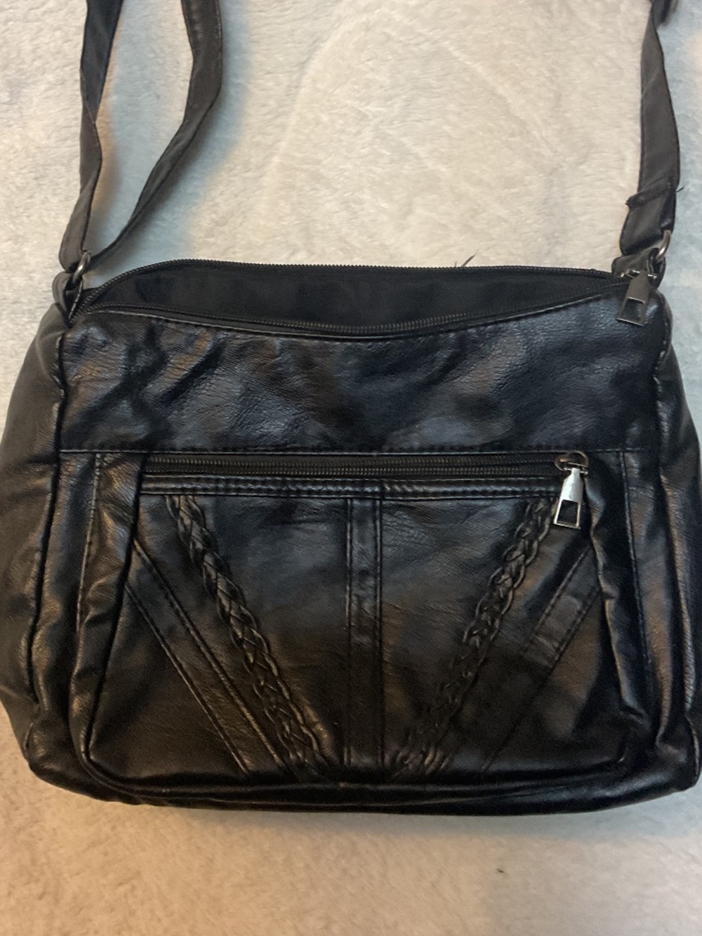 Black Faux Leather Crossbody Hobo Bag Braided Detail with 5 Zippers